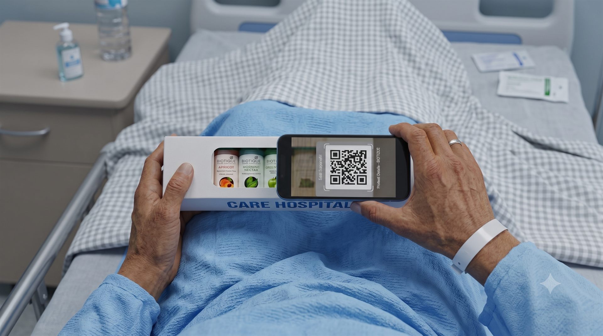 Patient scanning the QR code on a hospital admission kit