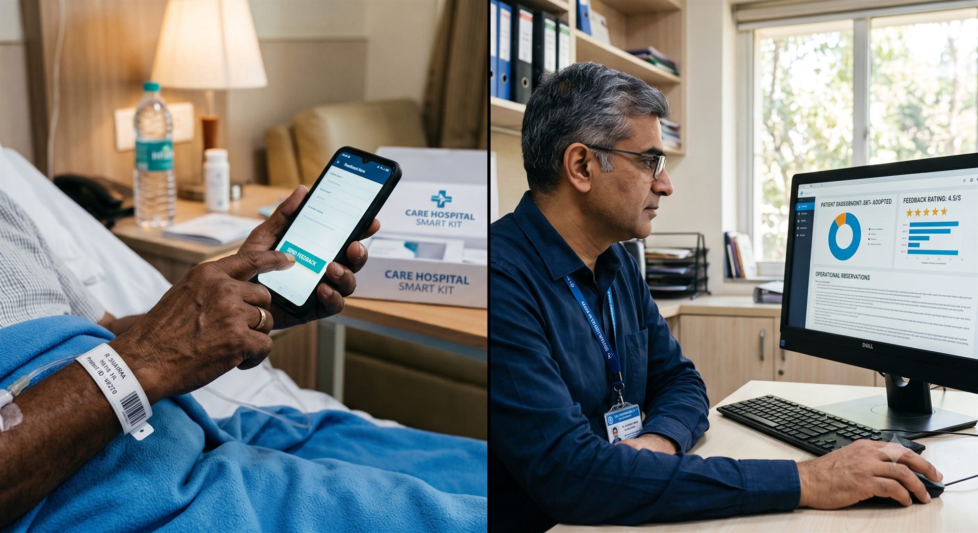 Patient submitting feedback while a hospital coordinator reviews pilot insights